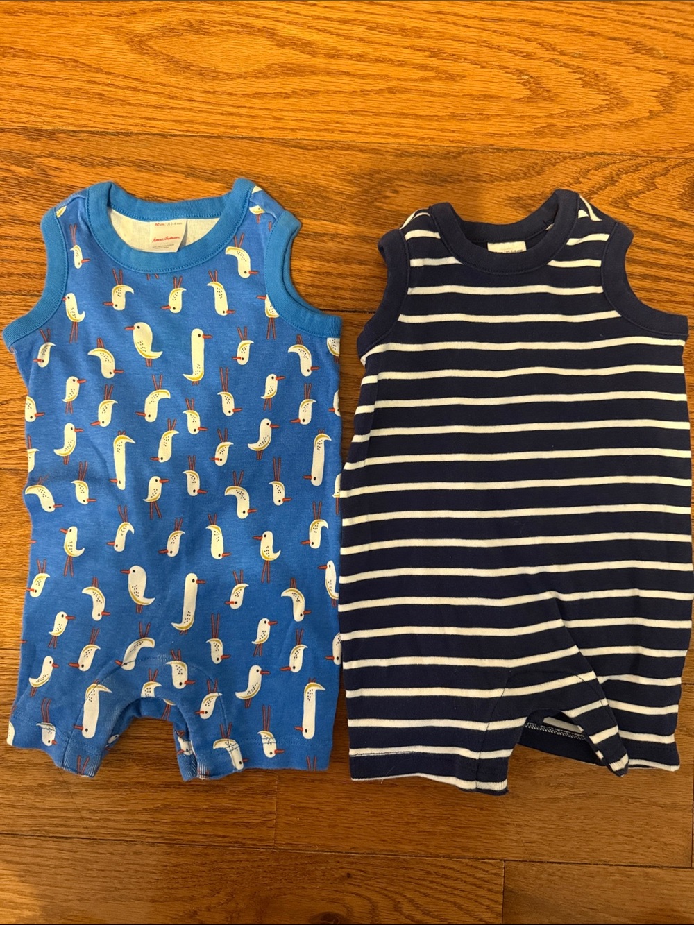 Hanna Andersson Blue Bird Print & Navy Stripe One-Piece Bodysuits